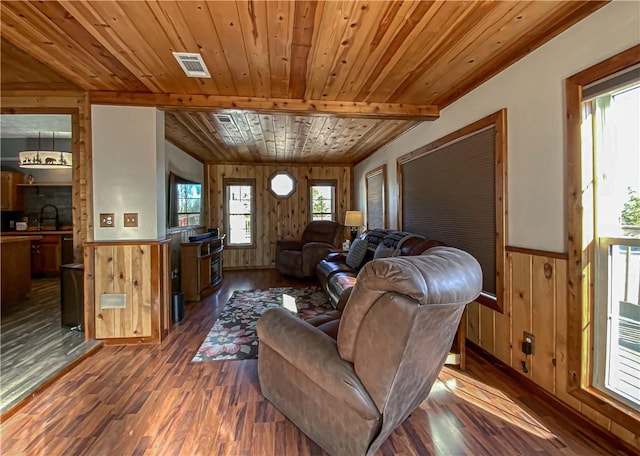 living room with beamed ceiling, dark hardwood / wood-style flooring, wooden ceiling, and wooden walls