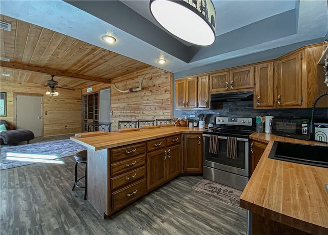 kitchen featuring wood counters, wood ceiling, stainless steel range with electric stovetop, wooden walls, and exhaust hood