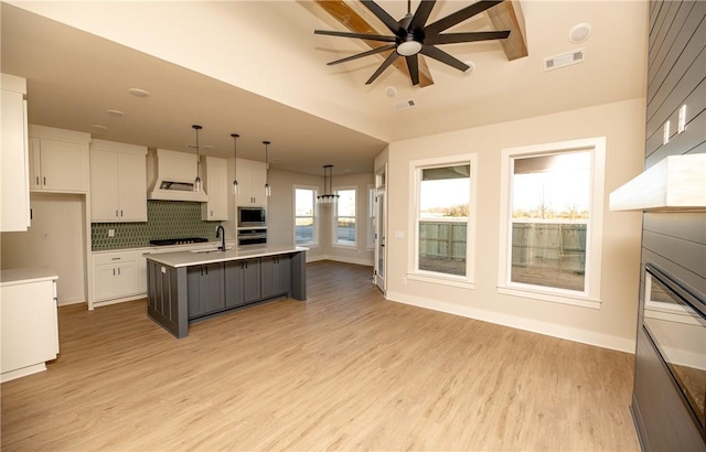 kitchen with pendant lighting, white cabinets, stainless steel appliances, backsplash, and a center island with sink