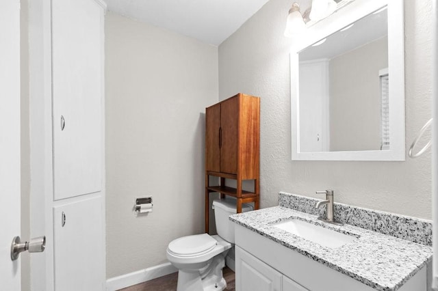 bathroom featuring toilet, vanity, and wood-type flooring