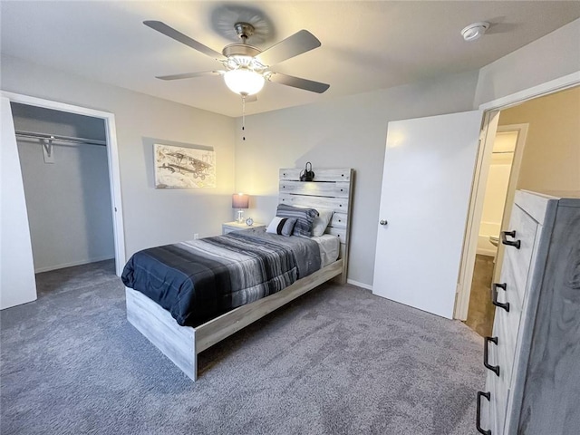 bedroom featuring carpet flooring, a closet, and ceiling fan