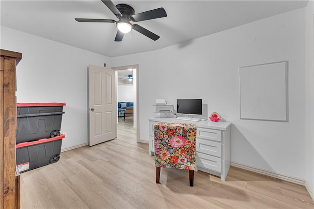 home office with ceiling fan and light wood-type flooring