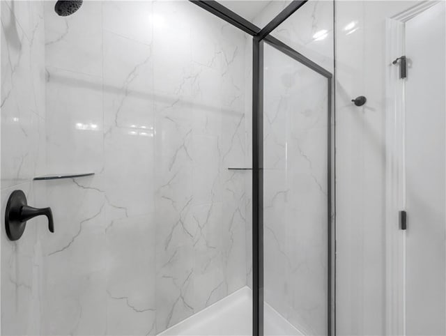 bathroom featuring a shower with shower door