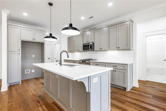 kitchen featuring decorative backsplash, gray cabinetry, appliances with stainless steel finishes, and a sink