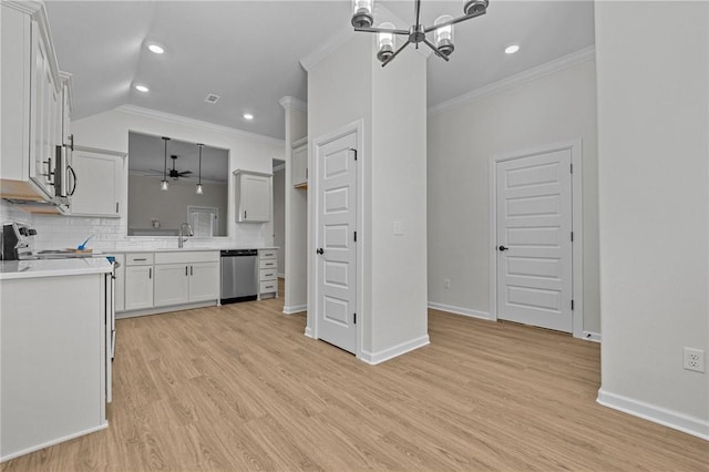 kitchen featuring decorative light fixtures, dishwasher, backsplash, ornamental molding, and stove