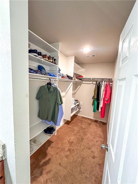 walk in closet with light colored carpet