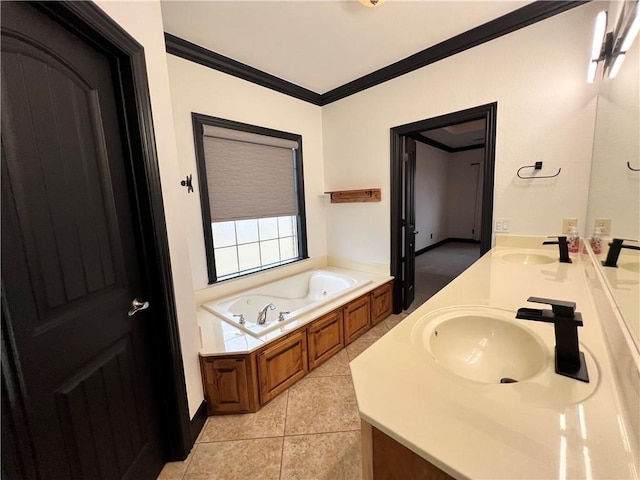 bathroom featuring tile patterned flooring, a tub to relax in, crown molding, and vanity