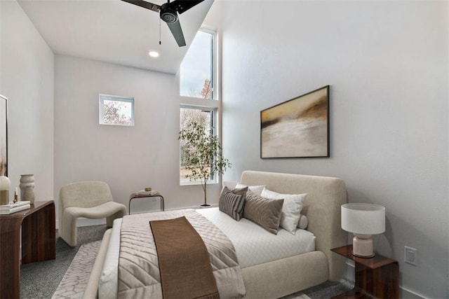 bedroom featuring carpet and ceiling fan