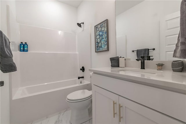 bathroom featuring shower / tub combination, marble finish floor, toilet, and vanity