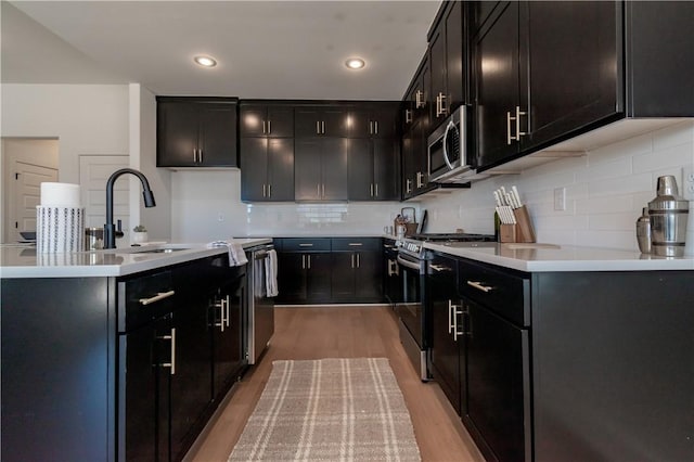 kitchen with light wood-style floors, dark cabinets, and stainless steel appliances