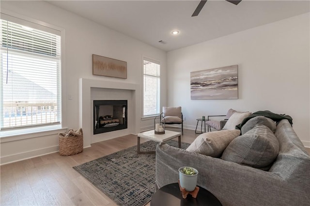 living area with a healthy amount of sunlight, a fireplace, baseboards, and wood finished floors