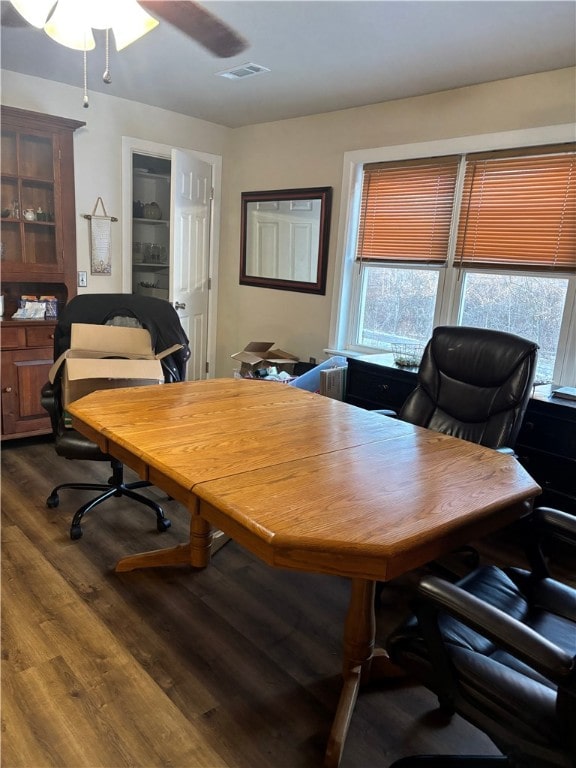 office area with hardwood / wood-style floors and ceiling fan