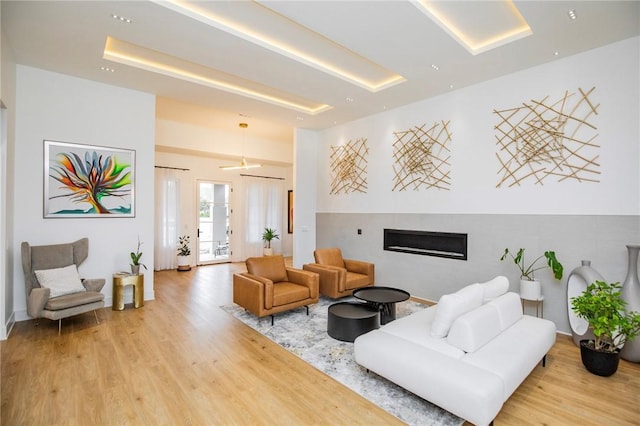 living room with a raised ceiling and light hardwood / wood-style flooring