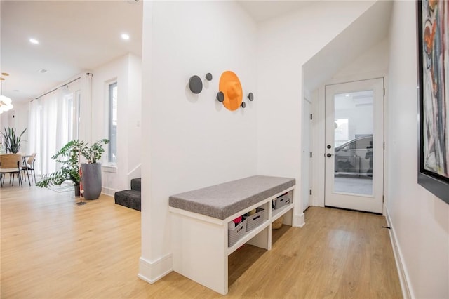 mudroom with light hardwood / wood-style flooring