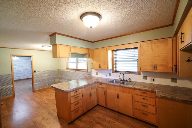 kitchen with sink, a textured ceiling, ornamental molding, kitchen peninsula, and hardwood / wood-style floors