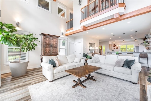 living room with plenty of natural light, a towering ceiling, and light hardwood / wood-style flooring