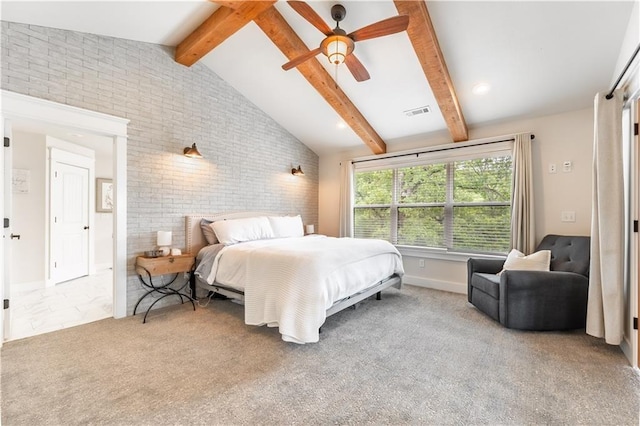 carpeted bedroom featuring ceiling fan, brick wall, and lofted ceiling with beams