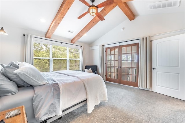 bedroom with carpet, vaulted ceiling with beams, ceiling fan, and french doors