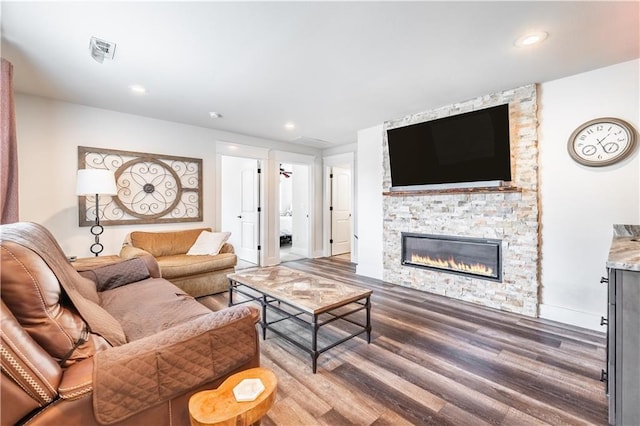 living room featuring wood-type flooring and a stone fireplace