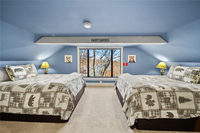 carpeted bedroom with lofted ceiling