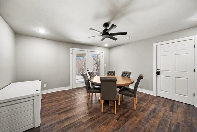 dining room featuring french doors, ceiling fan, and dark hardwood / wood-style flooring