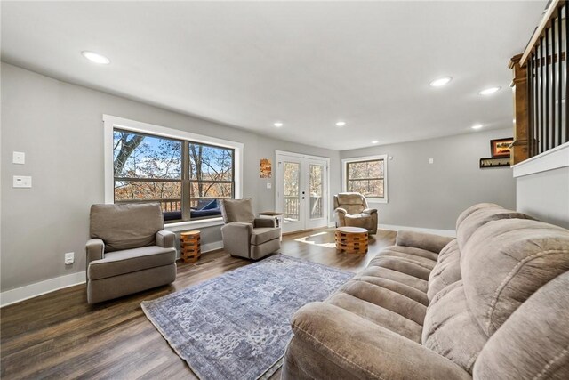 living room featuring french doors and dark wood-type flooring