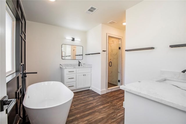 bathroom featuring plus walk in shower, hardwood / wood-style floors, and vanity