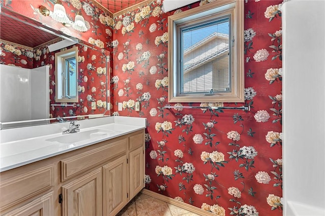 bathroom with vanity and tile patterned floors