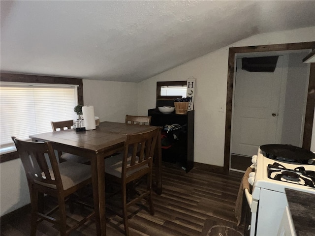 dining room with lofted ceiling and dark wood-type flooring