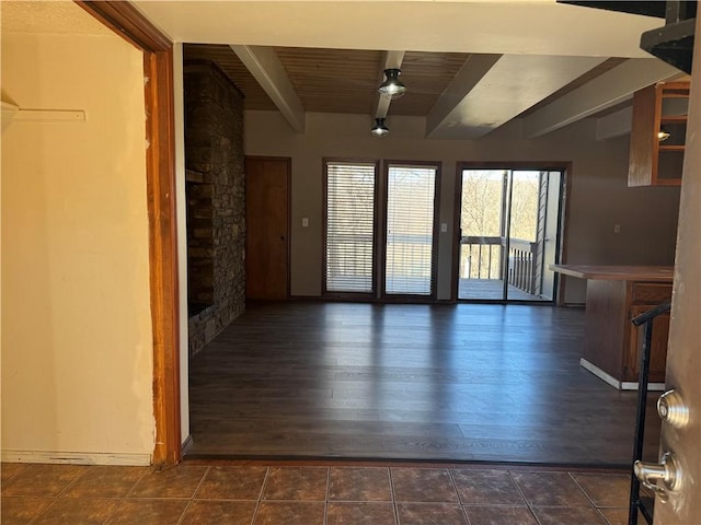 unfurnished living room featuring wooden ceiling, dark hardwood / wood-style floors, and beamed ceiling