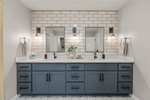 bathroom with vanity and decorative backsplash