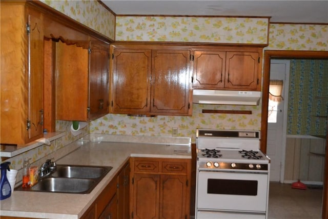 kitchen with sink and white range with gas stovetop