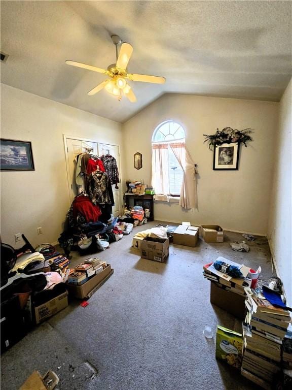 misc room featuring lofted ceiling, a textured ceiling, ceiling fan, and carpet flooring