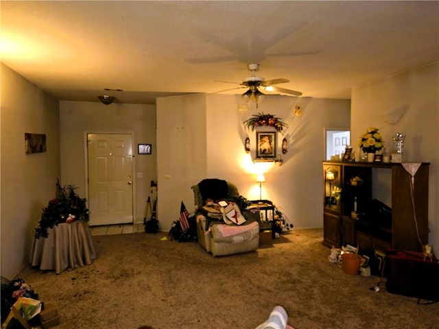 living room featuring light colored carpet and ceiling fan