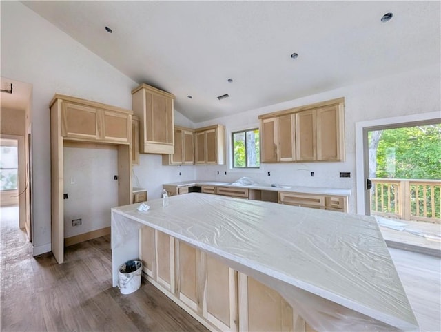 17 Burnham Dr, Bella Vista, AR 72715 - kitchen with light brown cabinets, vaulted ceiling, wood finished floors, light stone countertops, and a kitchen island