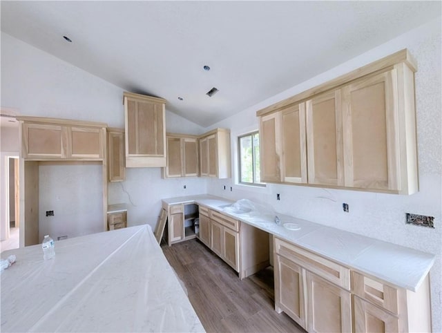 17 Burnham Dr, Bella Vista, AR 72715 - kitchen with light brown cabinets, lofted ceiling, wood finished floors, light stone countertops, and a sink