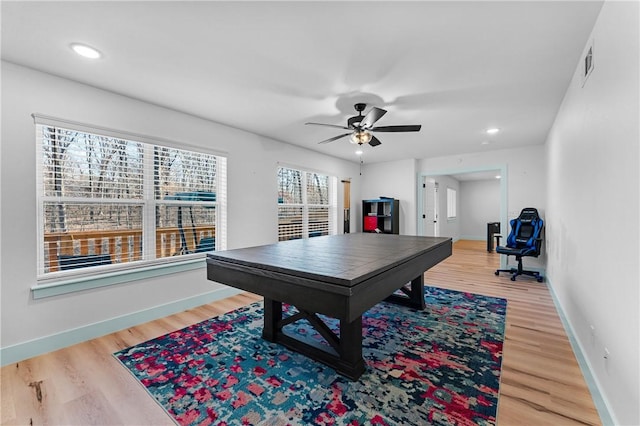 playroom featuring wood-type flooring and ceiling fan