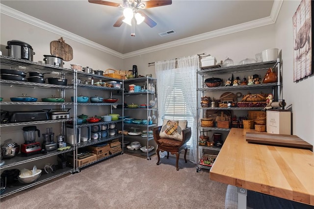 storage area featuring ceiling fan