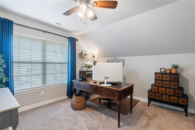 office with ceiling fan, lofted ceiling, and light carpet