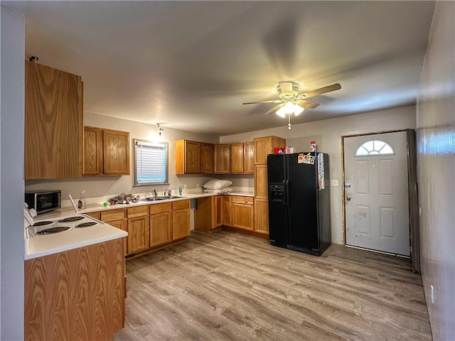 kitchen with sink, light hardwood / wood-style floors, ceiling fan, and black fridge