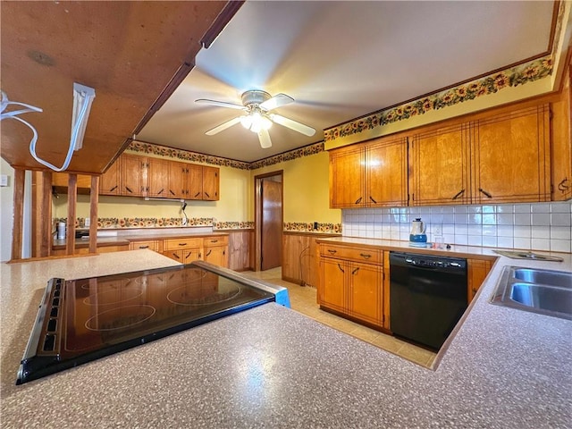 kitchen featuring sink, tasteful backsplash, black dishwasher, ceiling fan, and stove