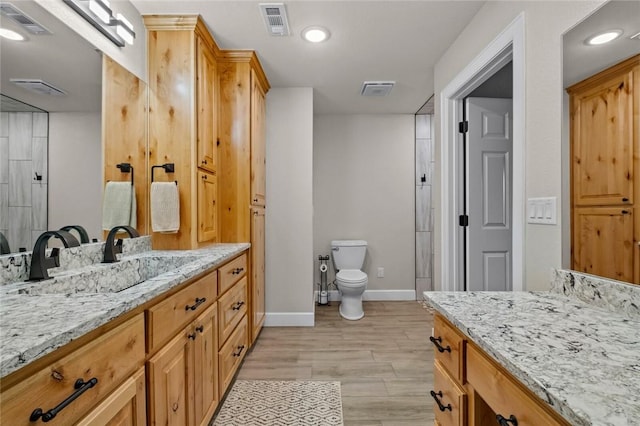 bathroom with vanity, toilet, and hardwood / wood-style floors