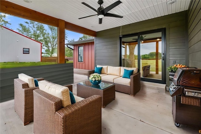 view of patio featuring an outdoor hangout area and ceiling fan