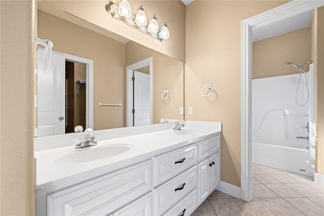 bathroom featuring vanity, tile patterned floors, and bathtub / shower combination