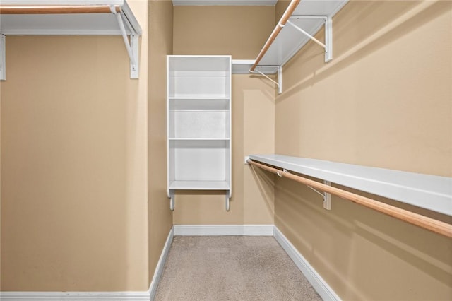 walk in closet featuring light colored carpet