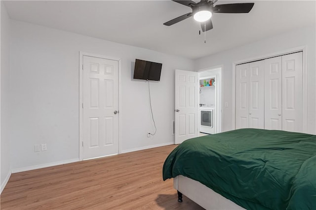 bedroom with ceiling fan and light hardwood / wood-style flooring