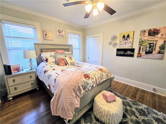 bedroom with dark wood-type flooring, ornamental molding, and ceiling fan