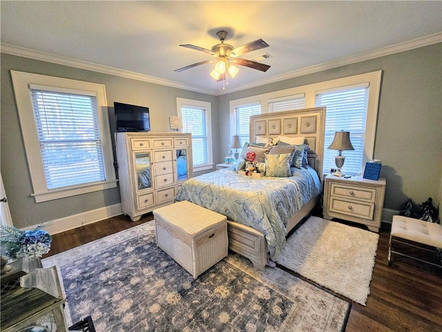 bedroom with multiple windows, crown molding, dark wood-type flooring, and ceiling fan