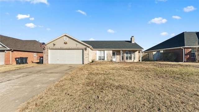 ranch-style house with a garage and a front yard