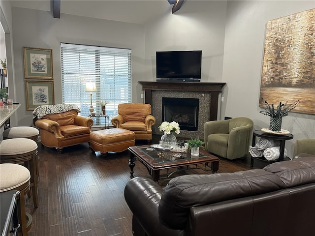 living room with dark hardwood / wood-style flooring